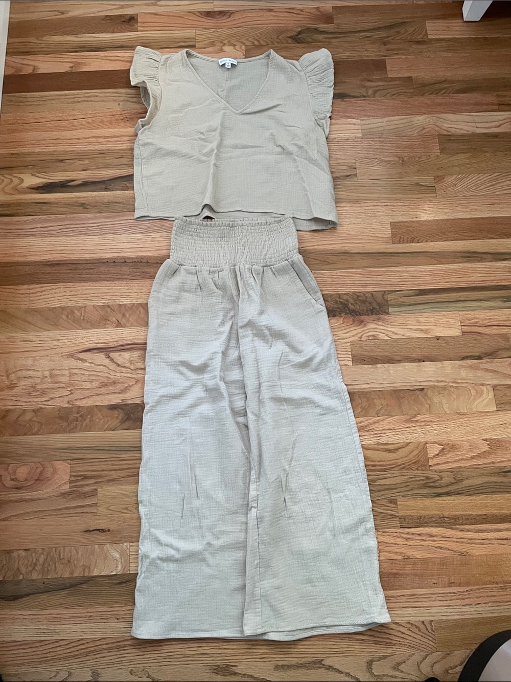 Wide Leg Smocked Waist Pants in Beige